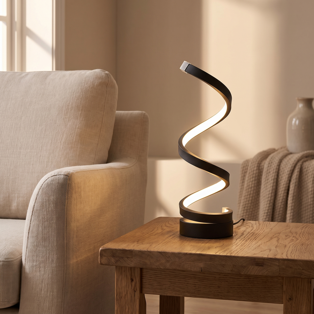 Leto lamp lit on an oak side table