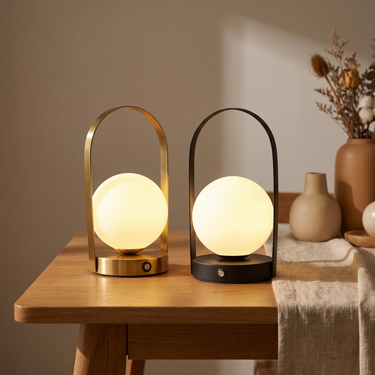 Cindor lamp lit on an oak dining table