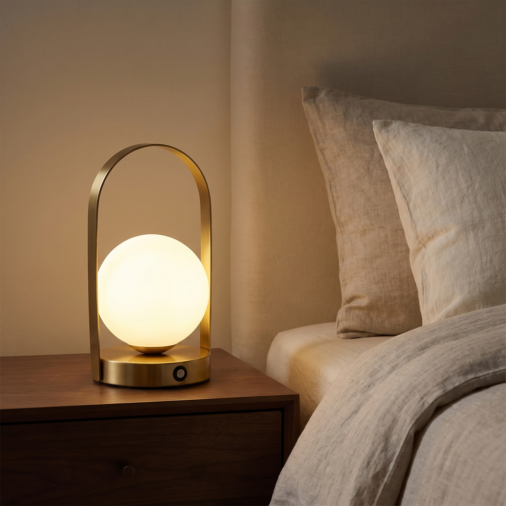 Cindor lamp glowing on a bedside table