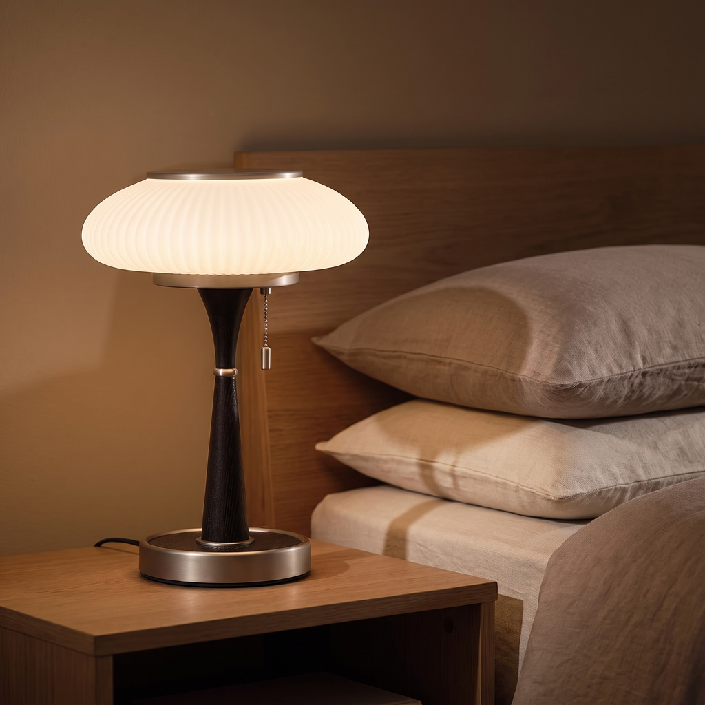 Brontea lamp glowing on a nightstand