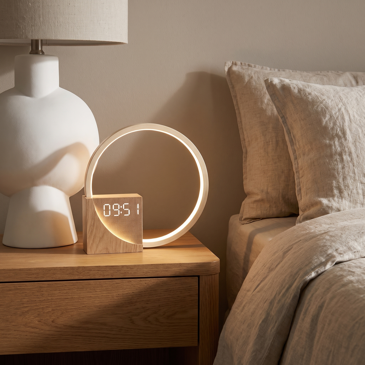 Lunara lamp lit on an oak bedside table